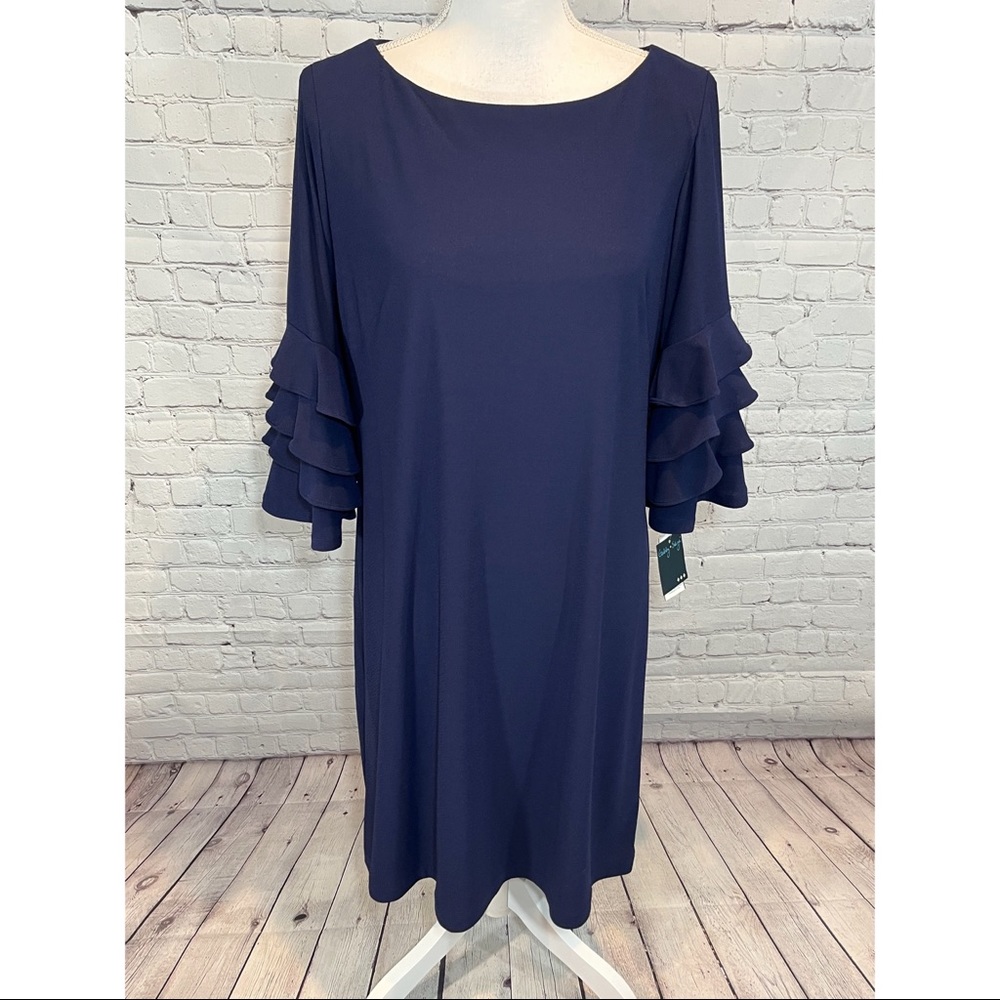 GABBY SKYE Shift Dress w Ruffled 3/4 Sleeves Blue-12